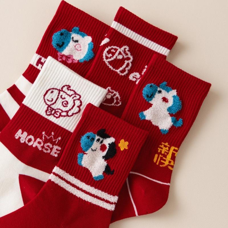 1Pair 2026 Year Of The Horse Red Socks Autumn Winter Warm Mid-Tube Socks Cartoon Pony Socks  Year Party Gifts