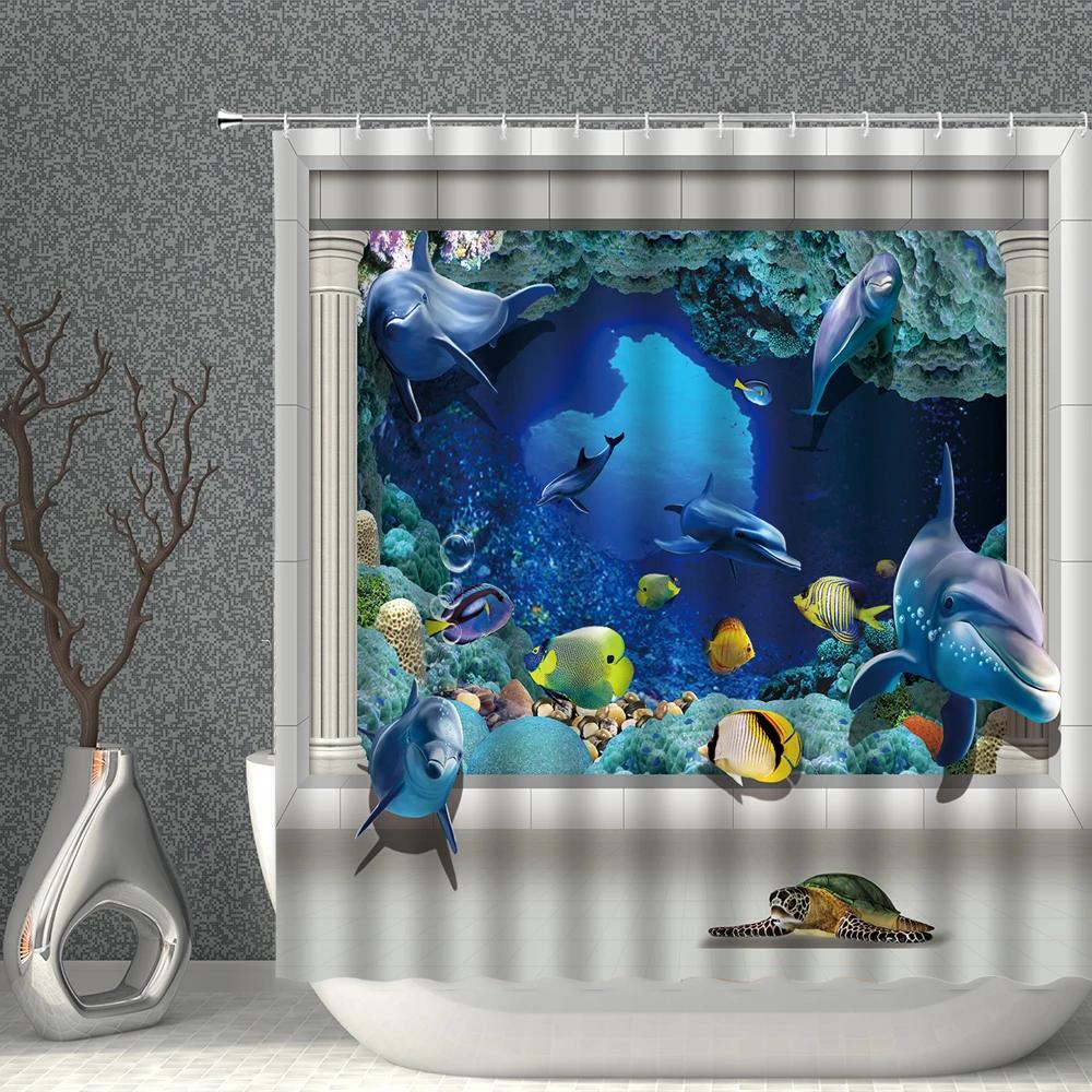 Marine Animal Underwater World Shower Curtain Waterproof Polyester Fabric Whale Dolphin Background Home Decoration With Hooks