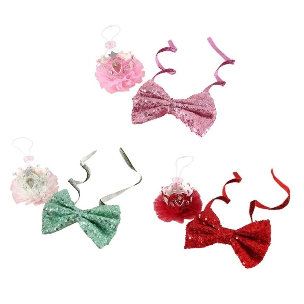 

2Pcs/Set Blingbling Pet Sequin Bow Tie Adjustable Cat Headwear Pet Crown Collar Pet Party Supplies червоний