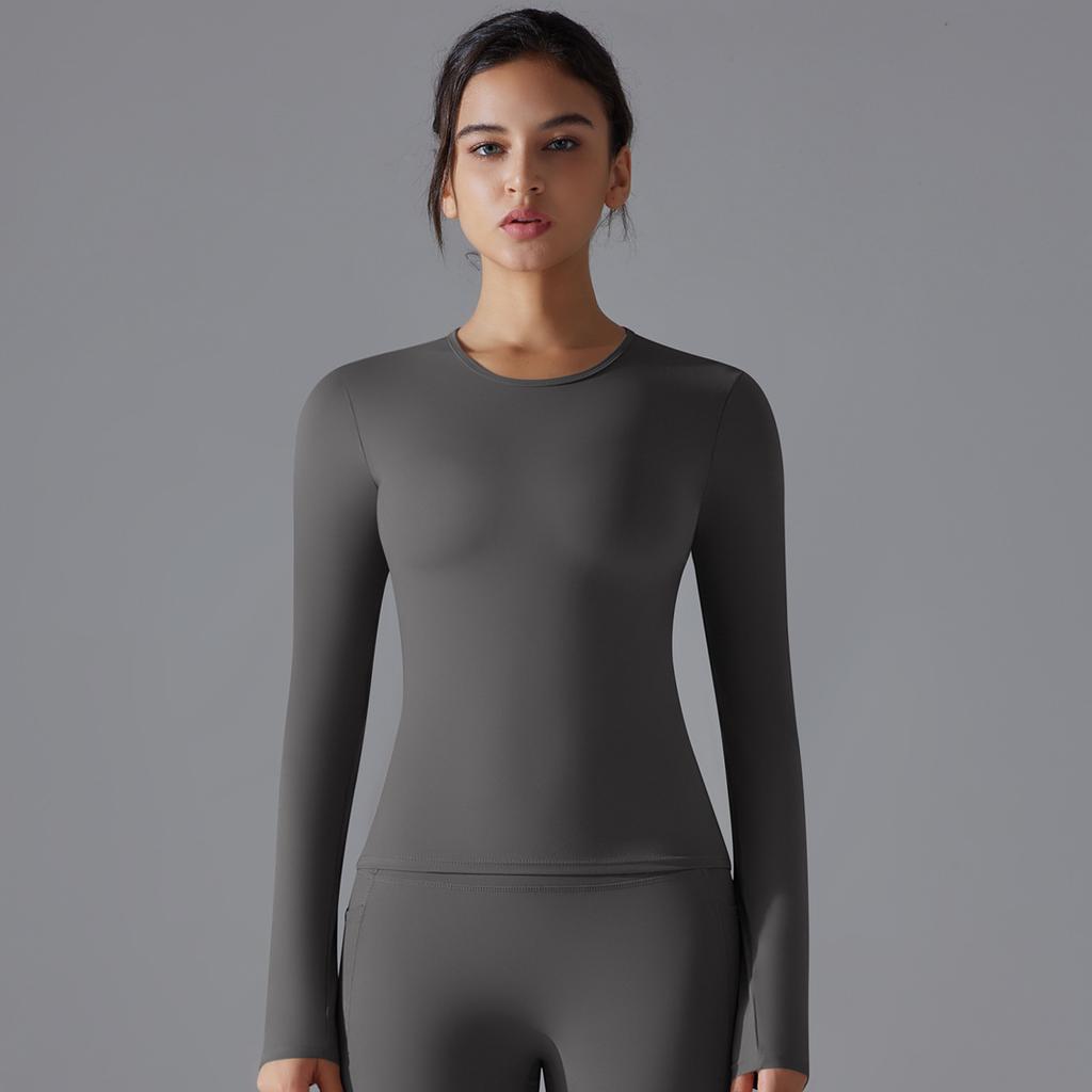 New Double-sided Brushed Solid Color Long Yoga Suit With Long Sleeves, High Elasticity And Breathability For Sports Running