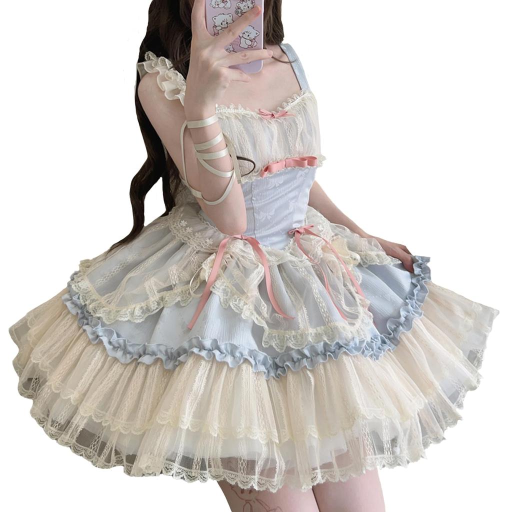XHSUKADO Lolita JSK Jumper Skirt with Camisole and Dreamy Cute Gothic Lolita Outfit with Ruffles and Mori Girl Princess Lolita Idol Light Size M