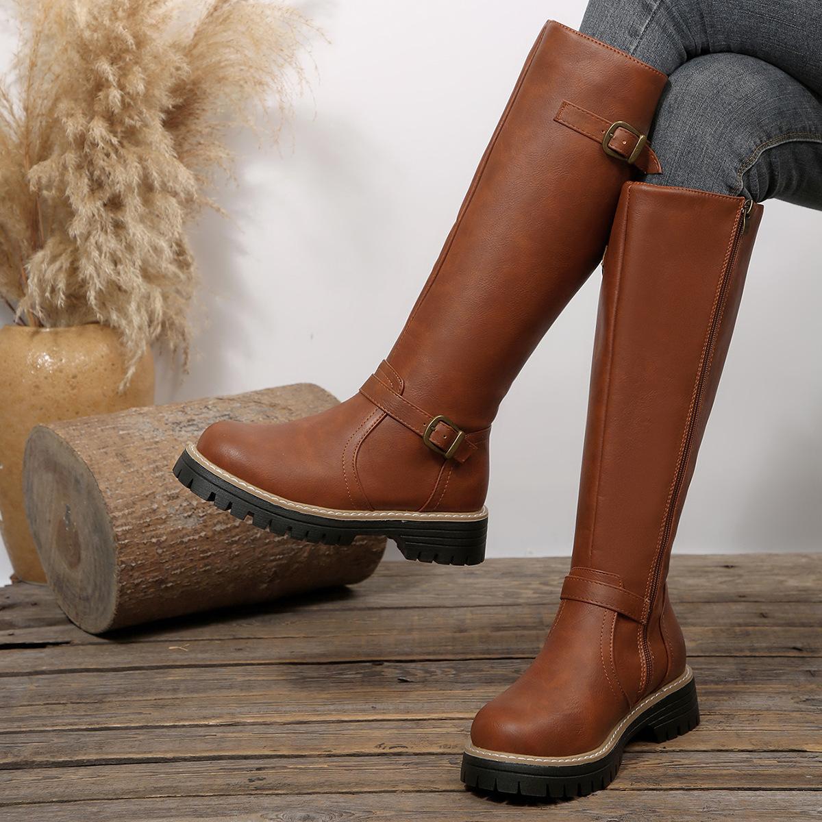 

Женские ботфорты на высоком каблуке широкой полноты, длинные ботинки на молнии с квадратной пряжкой, зимние ботфорты в европейском стиле выше колена 43 шоколадный