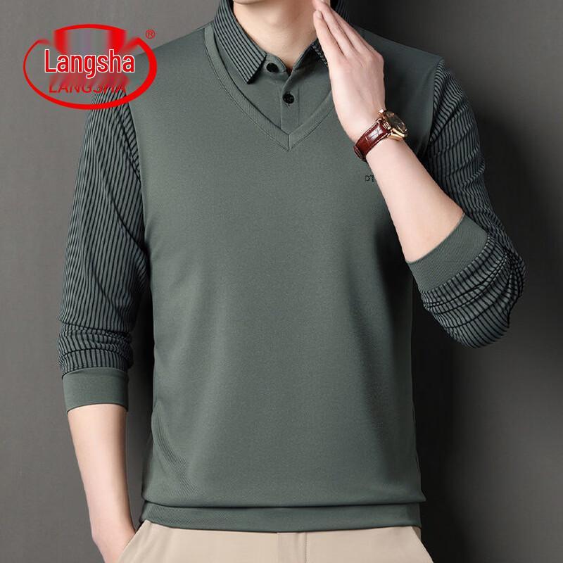 

LangSha Men s Casual Faux Two-Piece Striped Knit Shirt XXL