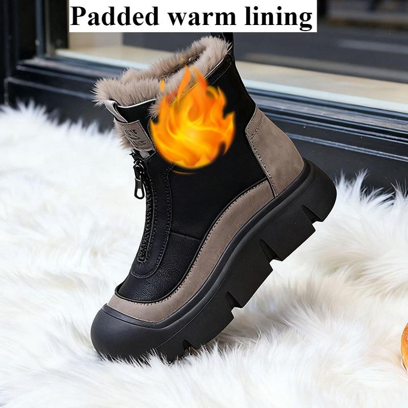Women's Retro Zipper Fashion Lightweight Soft Sole Winter Warm Plush Snow Boots Lined with Fleece Non-slip Casual Sports Cotton Boots