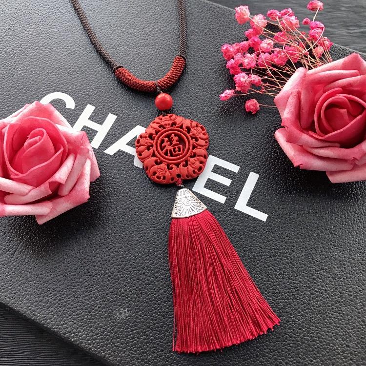 Neoclassical Chinese red cinnabar fringed necklace retro fashion long versatile sweater chain four seasons ethnic style accessories