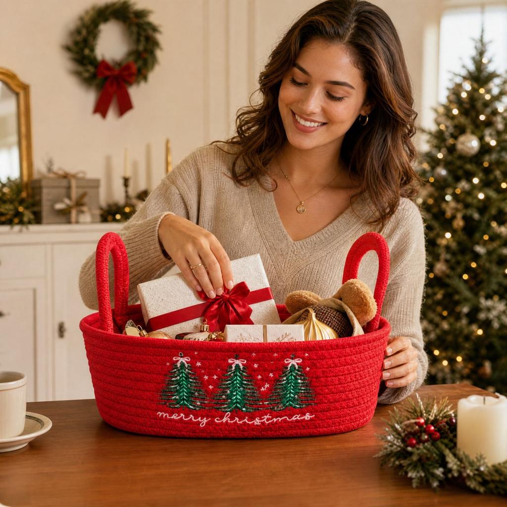 Christmas Tree Embroidered Cotton Rope Storage Basket with Handles, Basket and for Baby Toys and Home Clutter