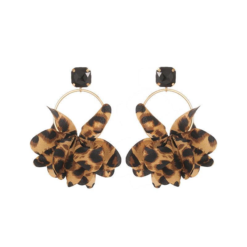 Exaggerated Leopard Print Fabric Large Circle Earrings Square Imitation Gemstone Inlaid Earrings