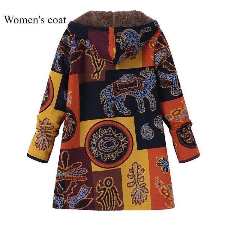 Hooded Women Thick Cotton Linen Jacket Zipper Print Coat Warm Pocket New Autumn Winter