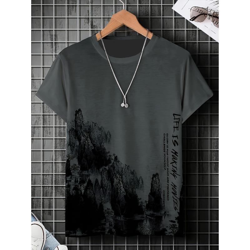 Comfortable Crew Neck Short Sleeve Sports T-shirt Men's Fashionable Athletic Mountain Print Versatile for Summer Spring Shirt