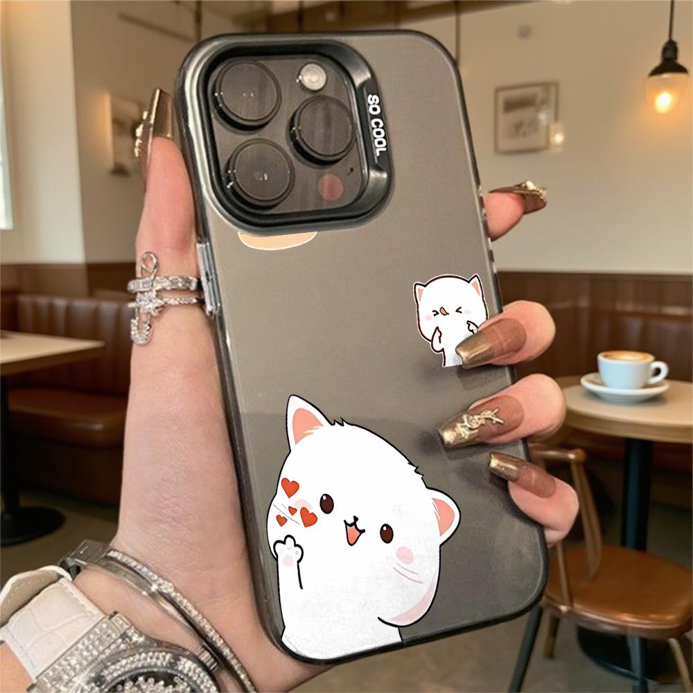 Cute White Cat Cartoons Phone Case for Iphone 16 15 14 13 12 11 Pro Max/Mini Shockproof Anti-Scratch Premium Hard Cover