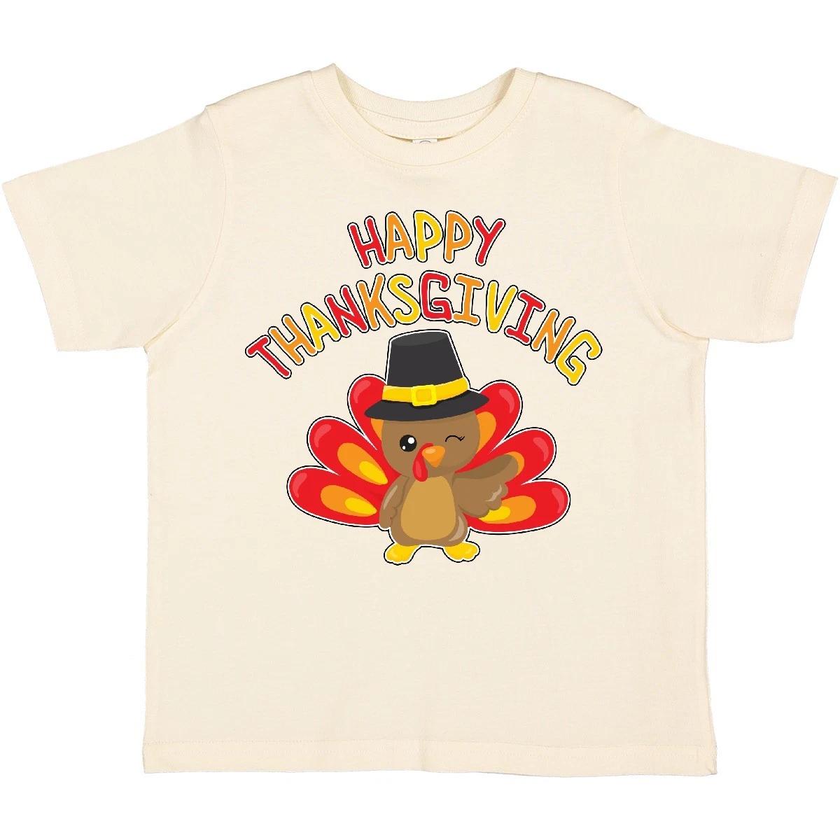 

Inktastic Happy Thanksgiving- Cute Turkey In Pilgrim Hat Toddler T-Shirt Animal 120