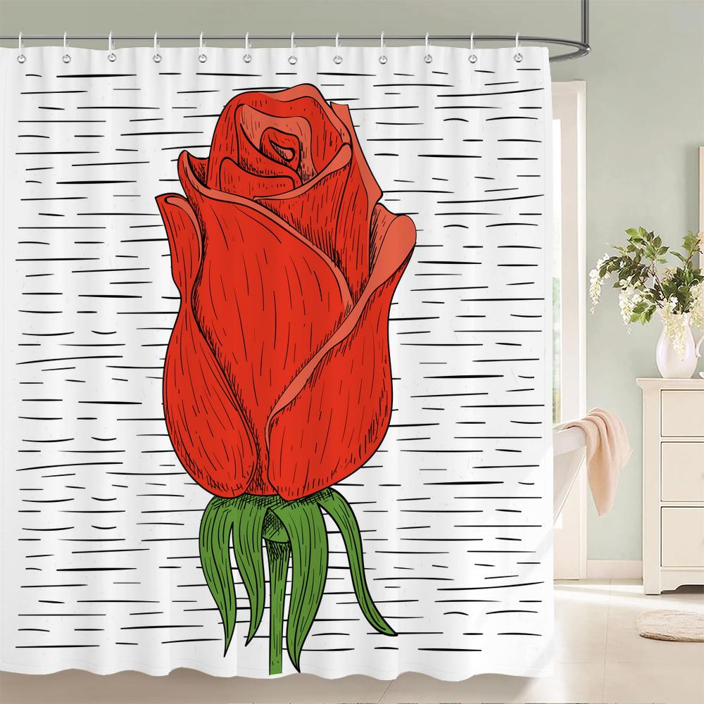1 Pak Mooie Rozenpatroon Polyester Douchegordijn Kunst Minimalistische Stijl Bloemen Badgordijn Decoratief Badkamergordijn