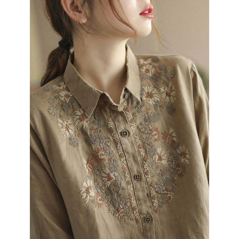 Women Loose Comfortable Long Sleeve Embroidered Vintage Casual Shirt
