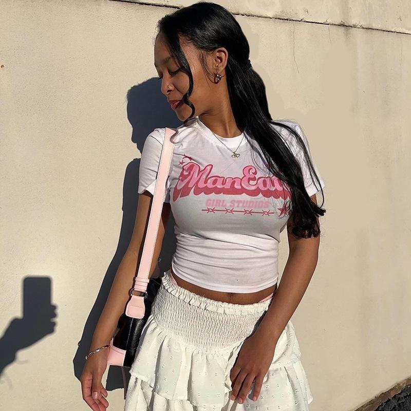 Summer new slim-fit open-navel versatile T-shirt European and American fashion printed short-sleeved top