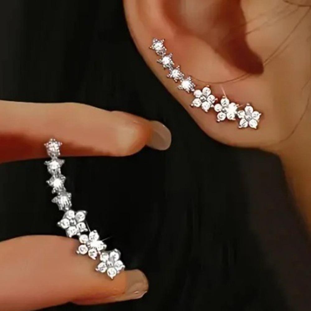 Shiny Zircon Stud Earrings Geometric Curved Earrings Luxury Flower Star Stud Earrings  Daily Wear серебряный