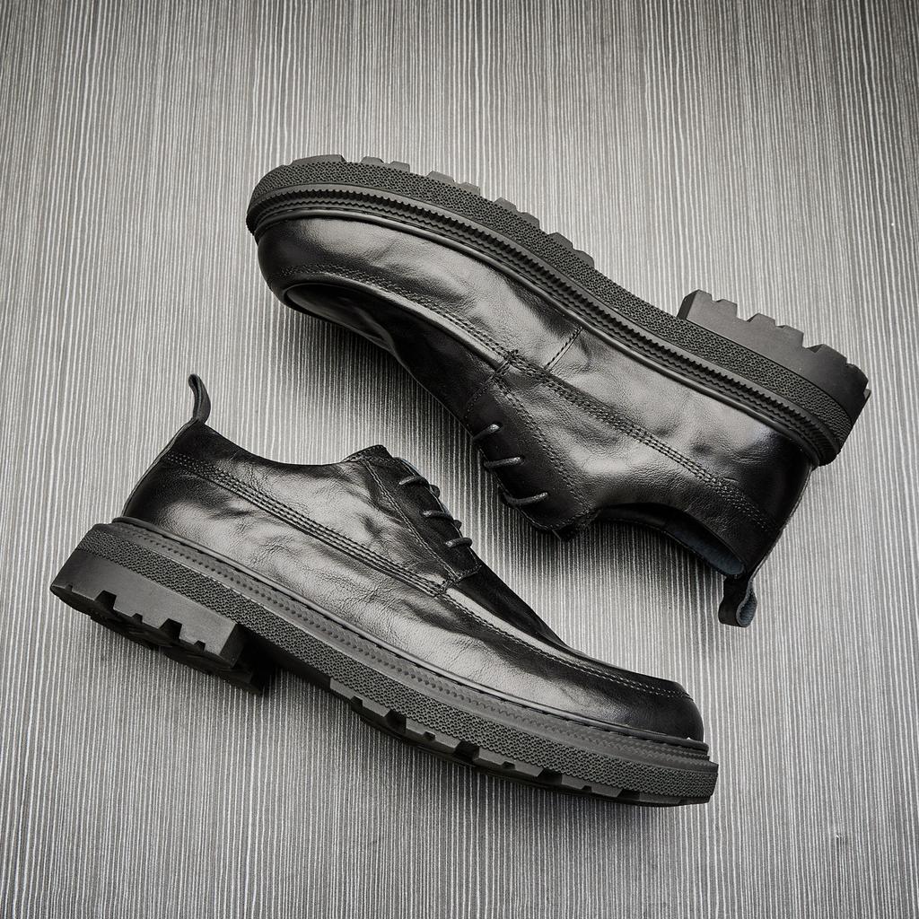 Herrenschuhe Leder Runde Spitze Atmungsaktiv Britisch Lässige Lederschuhe Business Schnürschuhe Plateau Weiches Leder Blau Trend Einzelne Schuhe