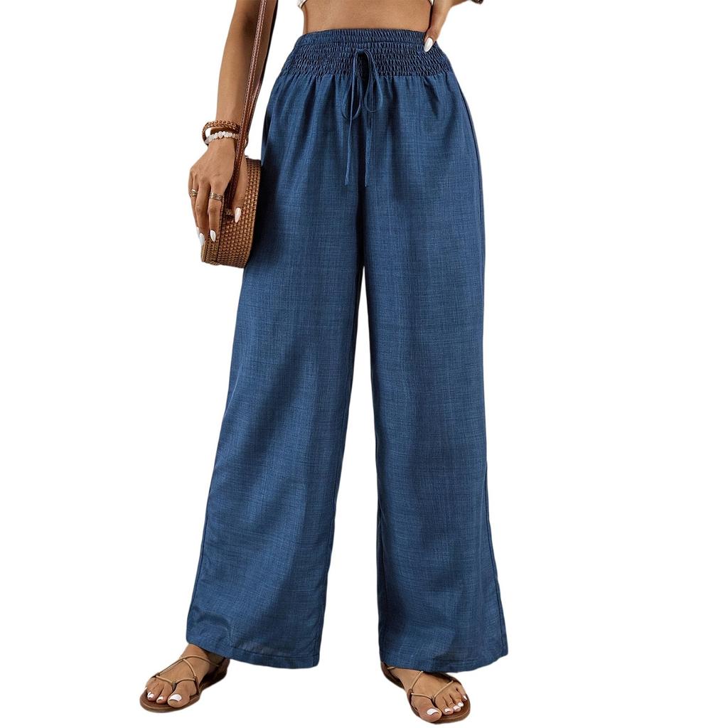 Damen Einfarbig Plissee Taille Kordelzug Locker Weites Bein Gerades Bein Hose