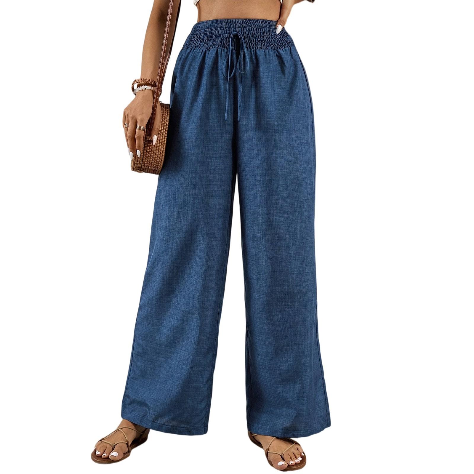 

Женские однотонные брюки с плиссировкой на талии, кулиской, свободные, с широкими прямыми штанинами XL синий