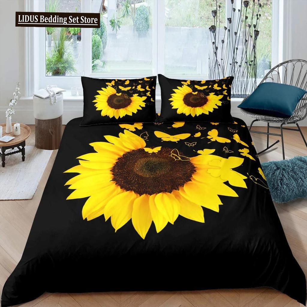 Vintage Sunflowers Duvet Cover Set Letters Bedding Set Letters And Sunflowers Printed Retro Girls Queen Size 23pcs Quilt Cover