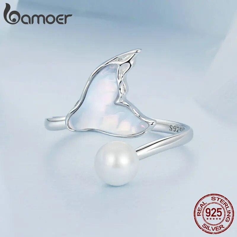 BAMOER White Gold Plated Fishtail Pearl Ring, 925 Sterling Silver Cute Adjustable Rings for Women Girls