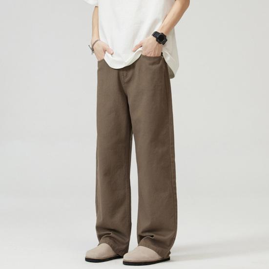 Men Pants Solid Color Straight Wide Leg Retro Style Pants with Pockets Zippered Trousers for Daily Home Streetwear Sports