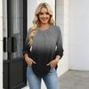 Women's Gradient Print 3/4 Sleeve Round Neck Pleated T-Shirt Top Casual Loose Fit Lightweight Blouse