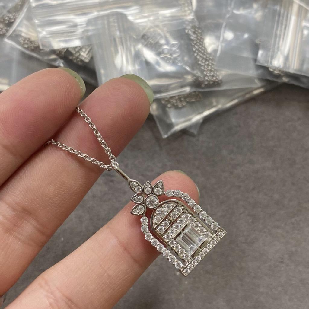 925 Sterling Silver Hai Rui's Birdcage Necklace Plated 18K White Gold Full Diamond Happiness Door Pendant Clavicle Chain