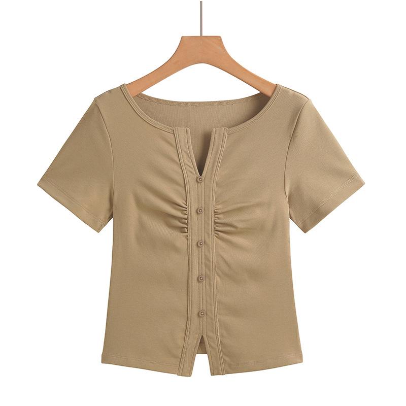 V-neck Button High-quality Pleated High-waisted Short Fashionable and Versatile Korean Style Short-sleeved Women's T-shirt Top