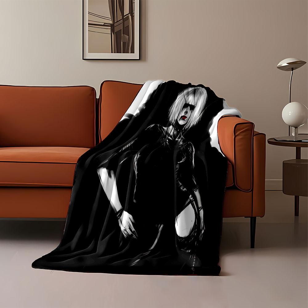 A Stylized Monochromatic Figure with White Hair, Red Lips, and Dark Attire. for All Seasons Blanket Lunch Break Throw Gift