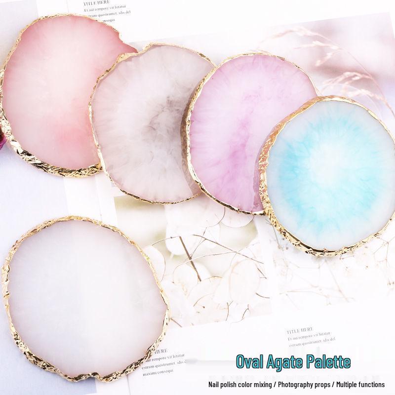 Gold-Edged Agate Stone Nail Art Palette - Round Marble Resin Display Board