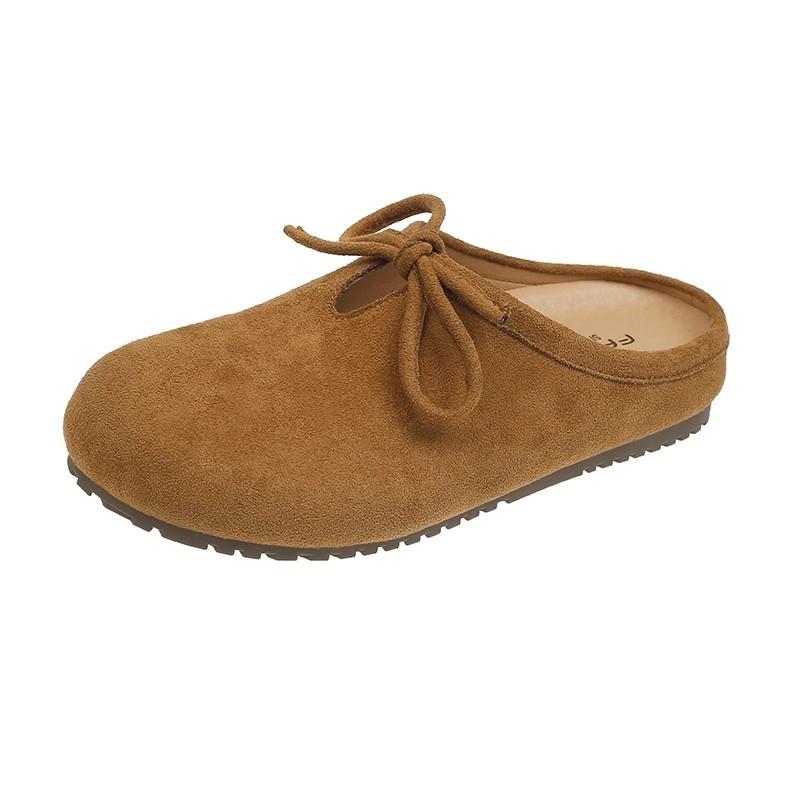 Retro versatile flat-bottomed bag head slippers women's spring new bow one-pedal soft-soled half slippers
