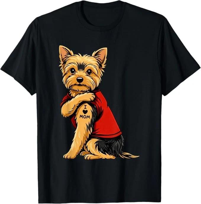 Yorkie Featuring Tattooed Yorkshire Terrier I Love Mom T-Shirt 4XL