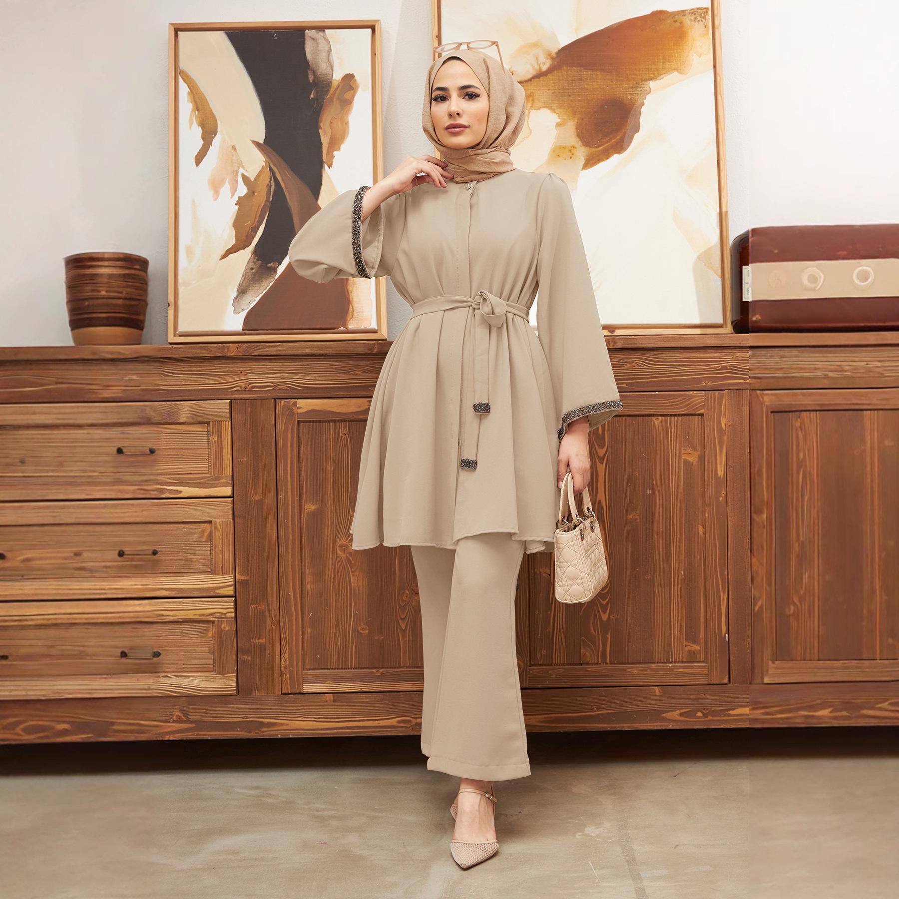 

Muslim Women s Fashion 2-Piece Set: Hot Drilling Loose Top & Flared Pants XL світлого кольору хакі
