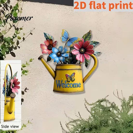 Three Dimensional Wall Ornaments Rustic Metal Watering Can Art, Flower Butterfly Welcome Sign, Farmhouse Home Exterior Decorations Iron Hanging Decor