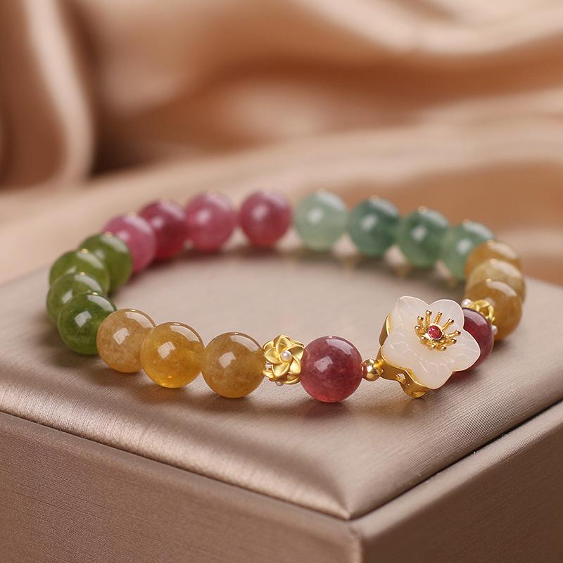 Women's Luxury Natural Stone Tourmaline Bracelet with Whale Tail Tassel Pendant - Seven-Color Handcrafted Jewelry Gift for Girlfriend
