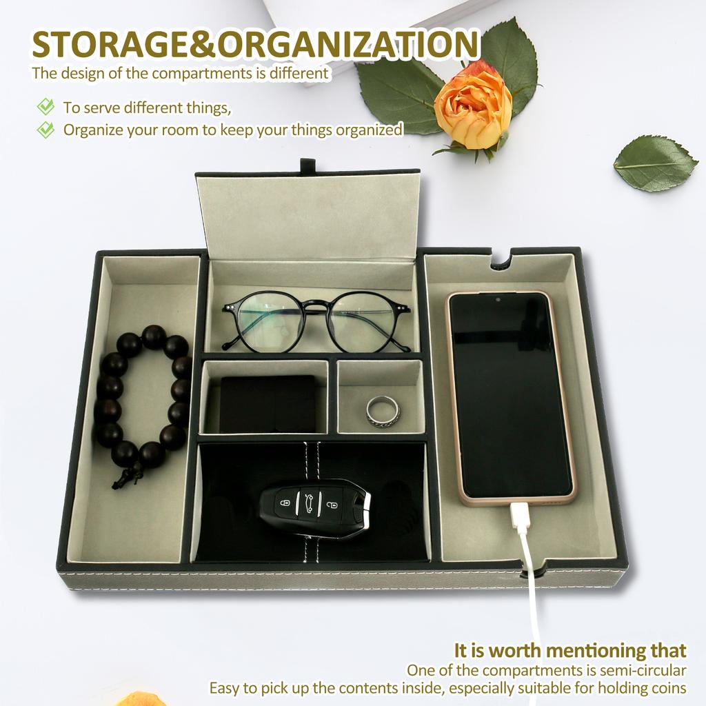PU Desktop Organizer with 5/6 Compartments Men's Valet Tray Nightstand Jewelry Storage Box for Phone Keys Wallet Watch Glasses