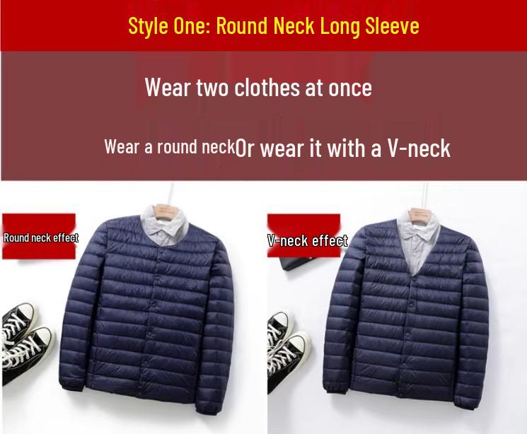 Lightweight Men's Plus Size Down Jacket, Round Neck, Ultra-Thin, No Collar, for Middle-Aged and Elderly.