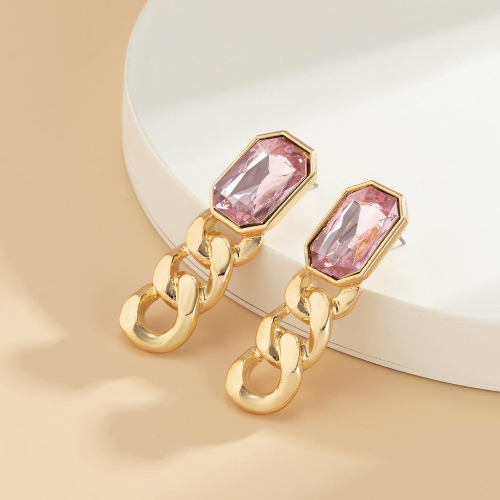Temperament Simple Color Imitation Gemstone Stud Earrings Women, Retro Personalized Metal Chain Earrings