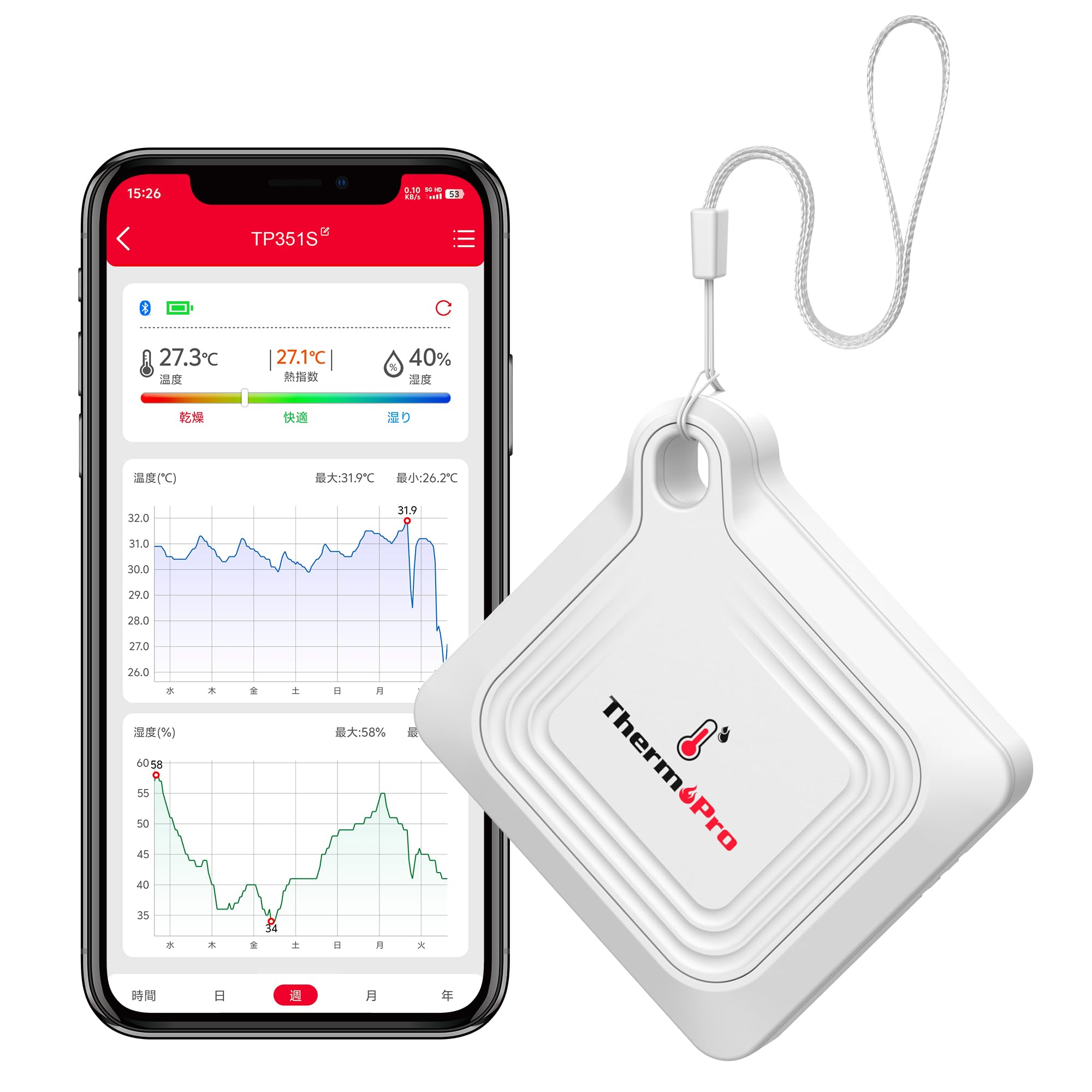 

ThermoPro Термометр и гигрометр Bluetooth Термометр и гигрометр Цифровой термометр Беспроводной Высокоточный Температура и влажность белый