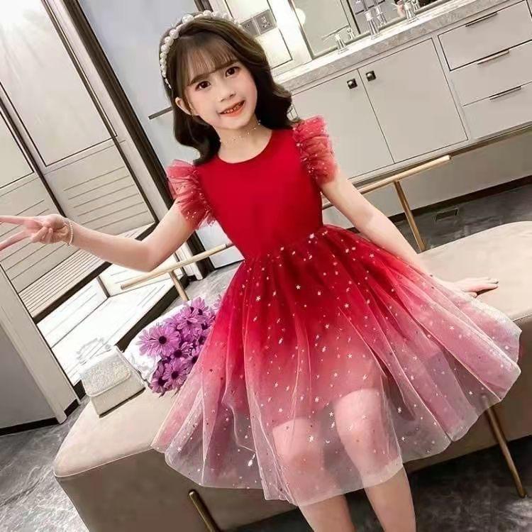Girls Fashion Star Gradient Short-sleeved Dress Summer Children Princess Dress Pooper Yarn Dress