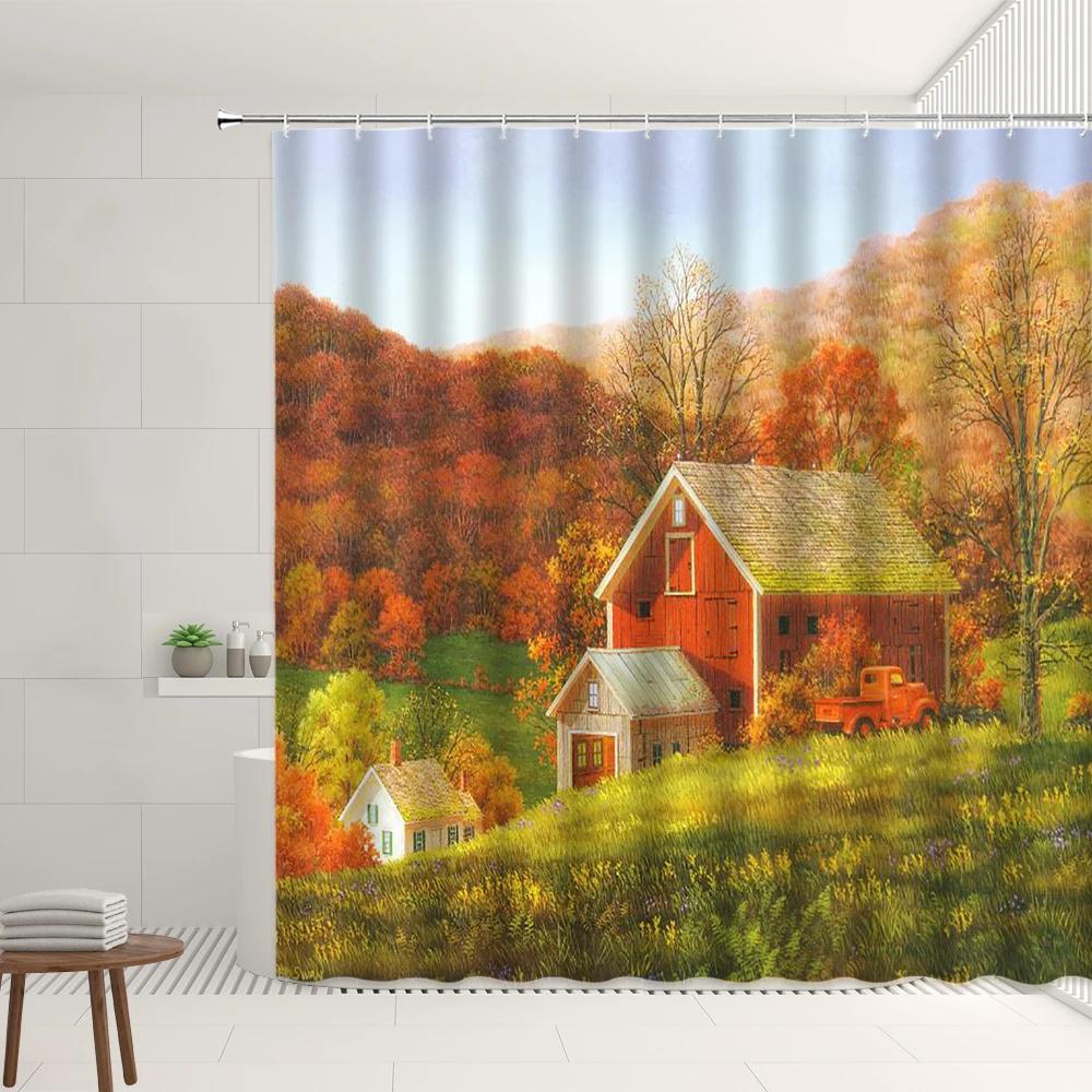 Farm Scenery Shower Curtain Old Retro Farmhouse Green Bamboo Forest Tree Autumn View Garden Decor Wall Covering Bathroom Screens