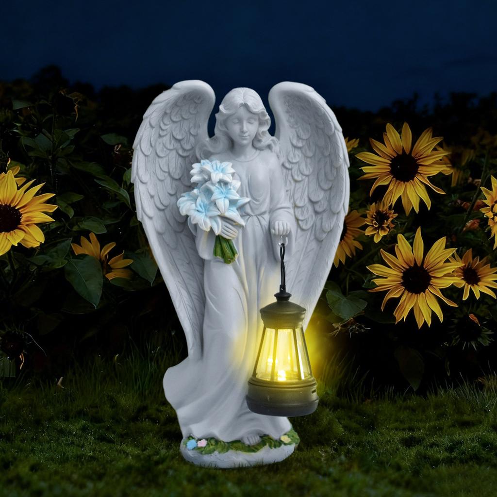 JYL TS/035,Resin Angel Carrying Blue Flower Lantern Solar Outdoor Light for Garden Figure Statue Decor