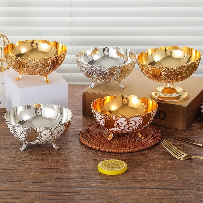 Europäischer Obstteller, Goldene Legierung Exquisite Gravur Blumen Süßigkeitenschale, Futternapf Snack-Teller, Party Schreibtisch Dekoration