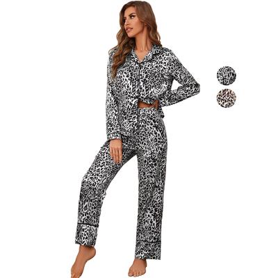 Damen-Schlafanzug mit Leopardenmuster, Seidensatin, langärmlig, Hemd und Hose, 2-teilig, Schlafanzug, luxuriös, sexy, Nachtwäsche, lässige Lounge-Heimkleidung