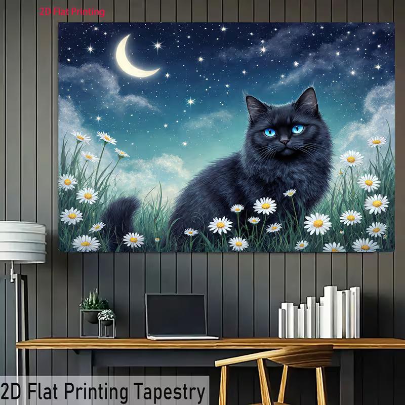 2D Magical Moonlight Cat Backdrop Cloth, Night Sky & Flower Photo Background