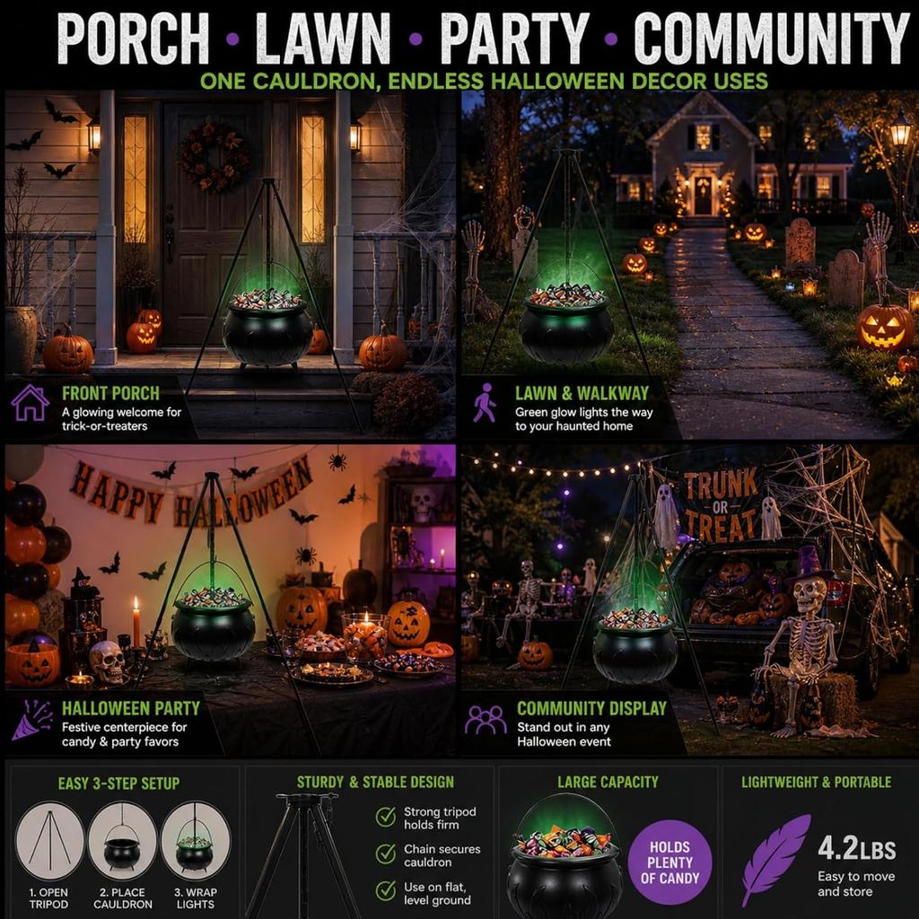 Large20 Inch Halloween Cauldron with LED Lights, Light Up Tripod Stand for Outdoor Yard Decor, Spooky Candy Bowl for Party Prop, Black Plastic