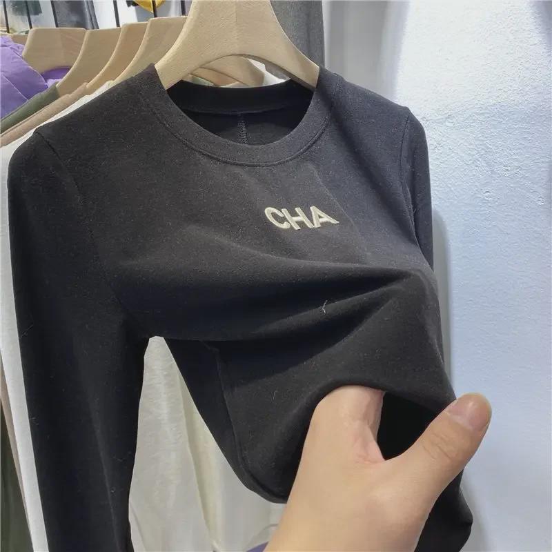 Dámské vyšívané sametové tričko s dlouhým rukávem – Oboustranné, kulatý výstřih, zateplené pro podzim/zimu