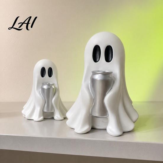 Cute Halloween Party Favors Ghost Figurine with Drinks Resin Statue Spooky Desktop Themed Home Decor Ornament for Tabletop Decorations And