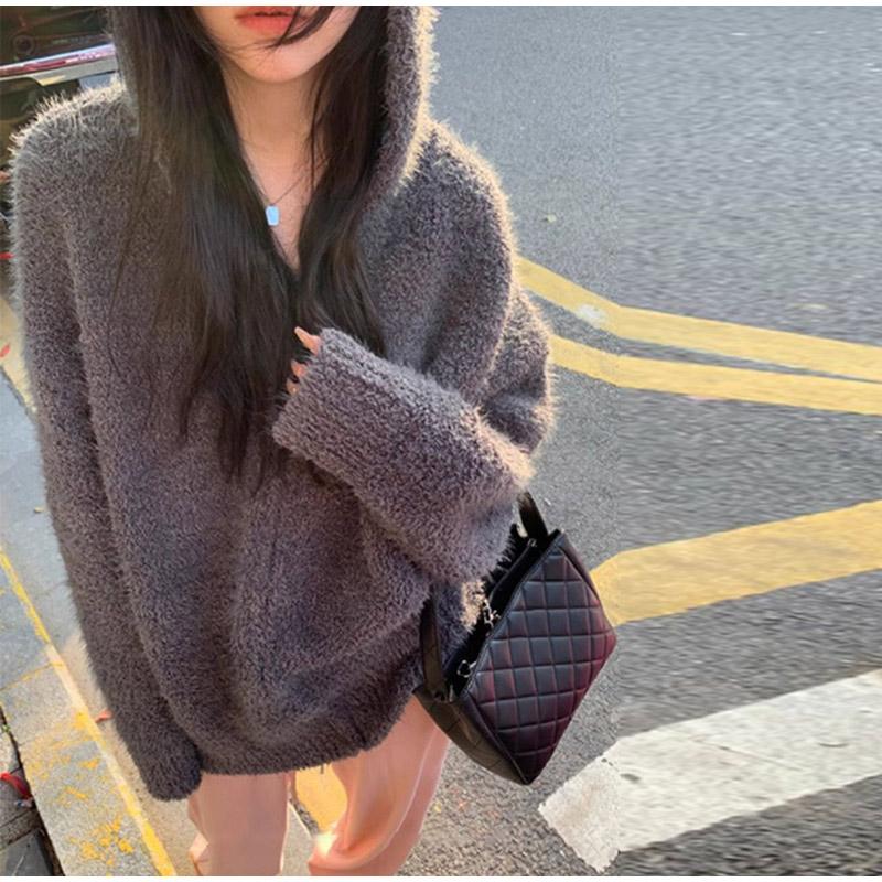 

Осень-зима женские вязаные кардиганы с меховым капюшоном и длинным рукавом на молнии свободная вязаная верхняя одежда серый