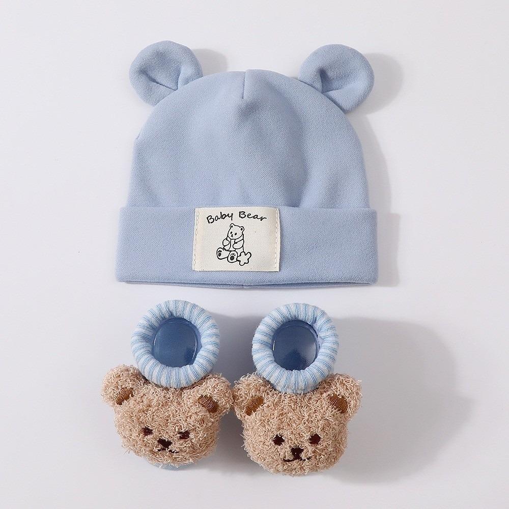 2Pcs/Set Warm Bear Ear Beanie Cotton Infant Cap Socks Cute Baby Turban Socks  Autumn Winter